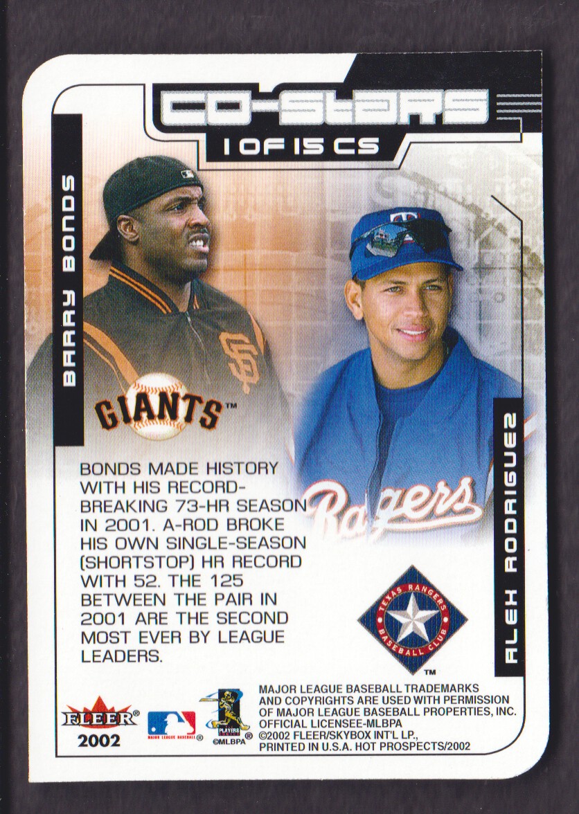 2002 Hot Prospects Co-Stars #1 B.Bonds/A.Rodriguez back image