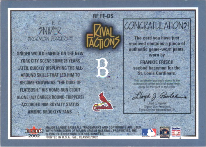 2002 Fleer Fall Classics Rival Factions Game Used #26 Pepper Martin Bat-Foxx/50 back image
