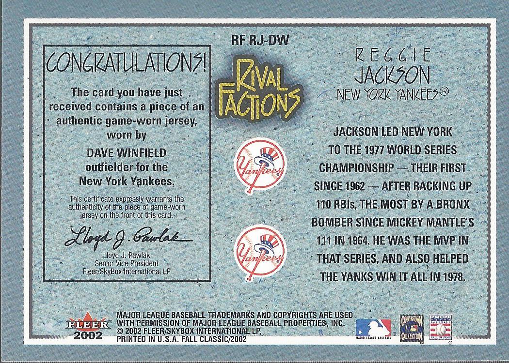 2002 Fleer Fall Classics Rival Factions Game Used #61 D.Winfield Jsy-Reggie/100 back image