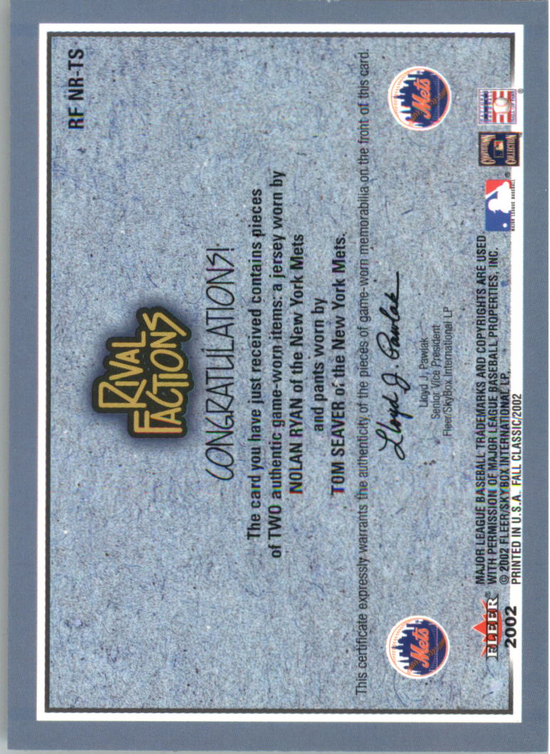 2002 Fleer Fall Classics Rival Factions Game Used Dual #16 Nolan Ryan Jsy/Tom Seaver Pants back image