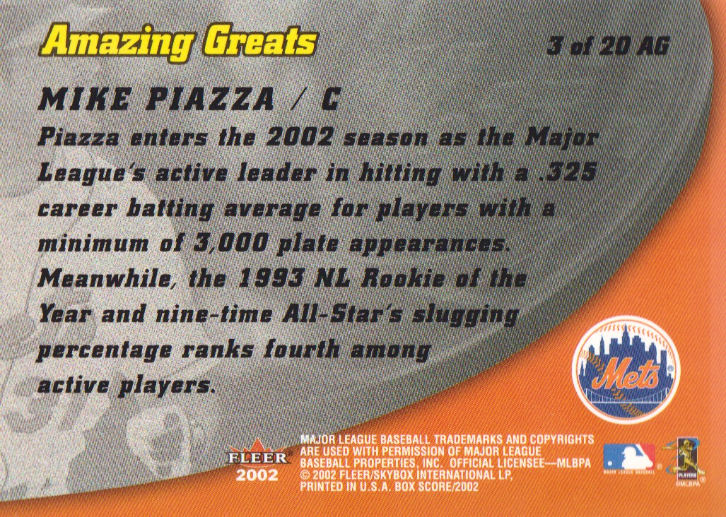 2002 Fleer Box Score Amazing Greats #3 Mike Piazza back image