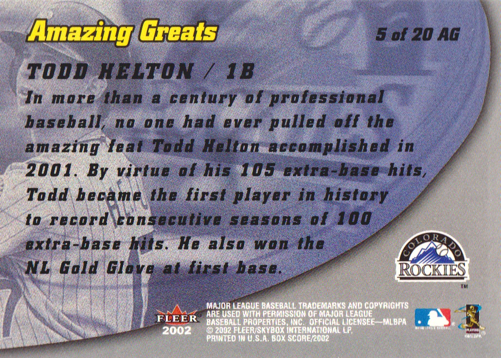 2002 Fleer Box Score Amazing Greats #5 Todd Helton back image