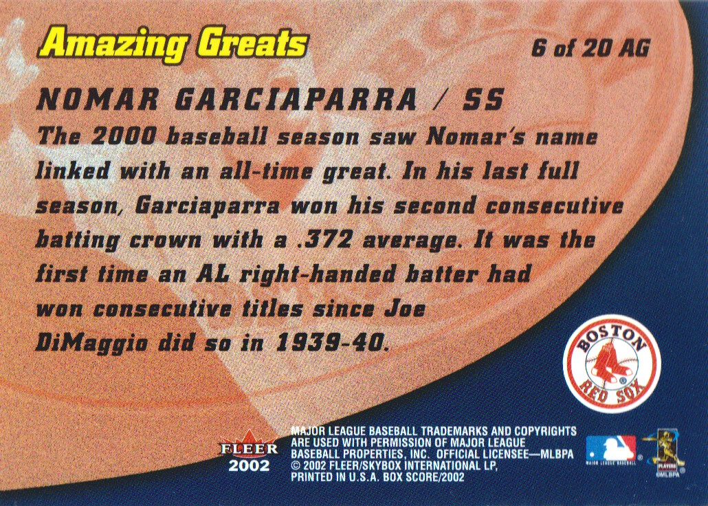 2002 Fleer Box Score Amazing Greats #6 Nomar Garciaparra back image