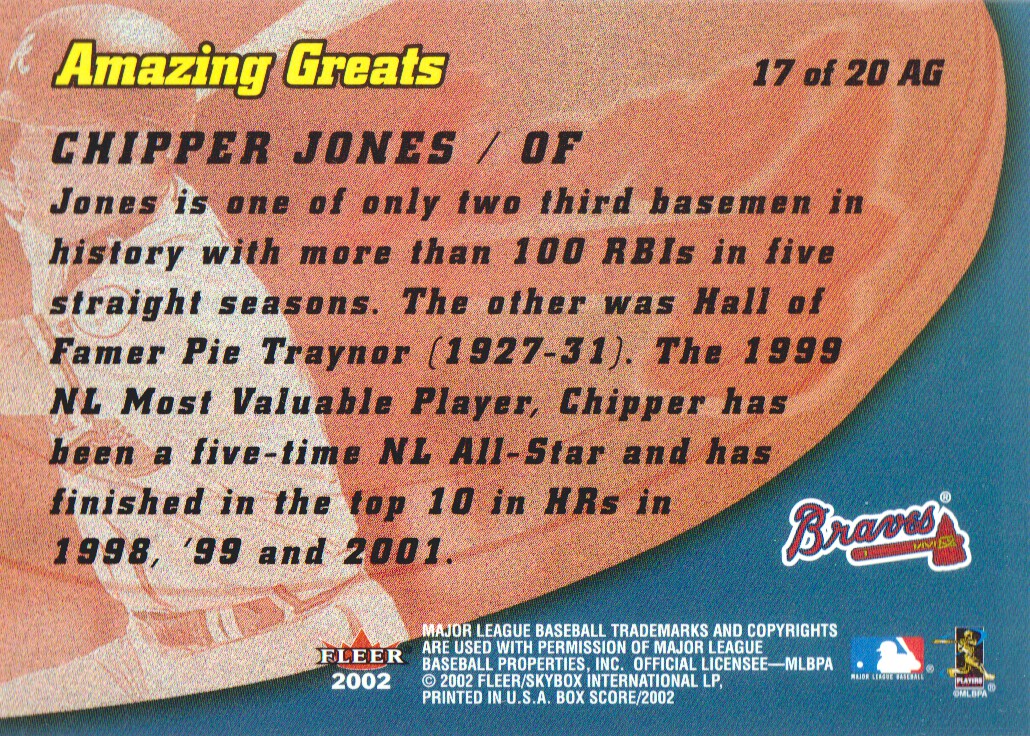 2002 Fleer Box Score Amazing Greats #17 Chipper Jones back image