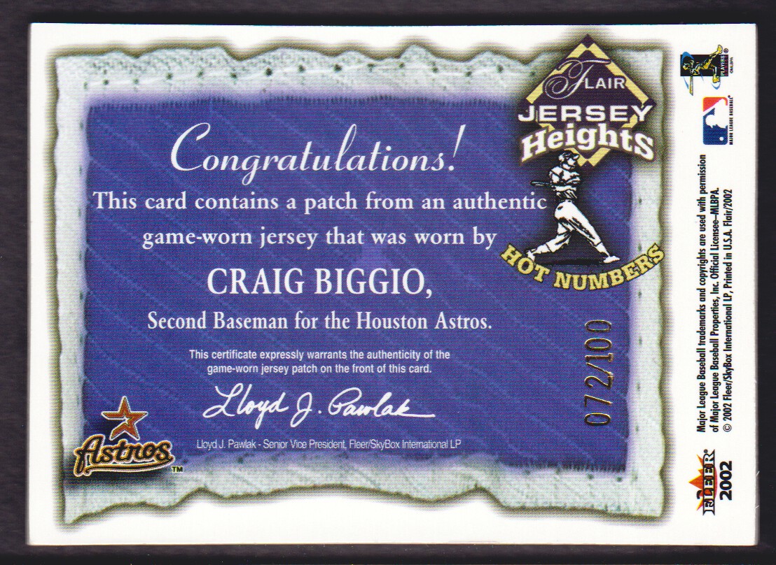 2002 Flair Jersey Heights Hot Numbers Patch #3 Craig Biggio back image