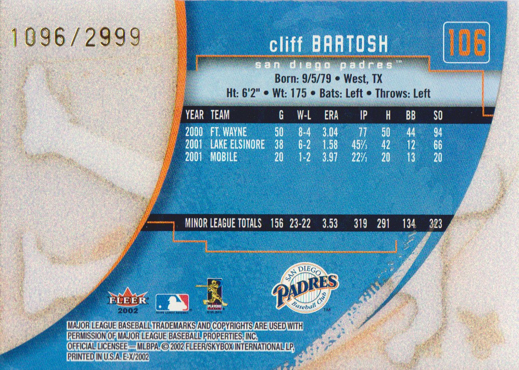2002 E-X #106 Cliff Bartosh NT/2999 RC back image