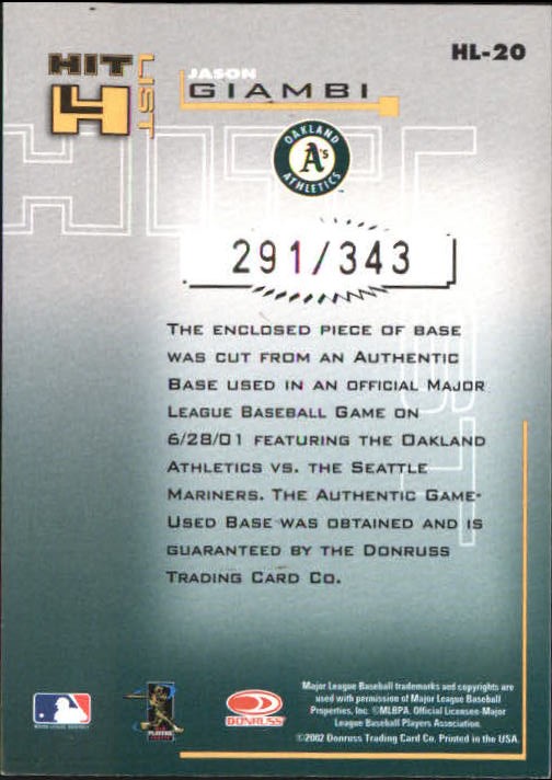 2002 Donruss Originals Hit List Total Bases #20 Jason Giambi A's Base/343 back image