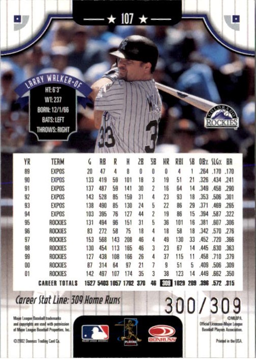 2002 Donruss Stat Line Career #107 Larry Walker/309 back image