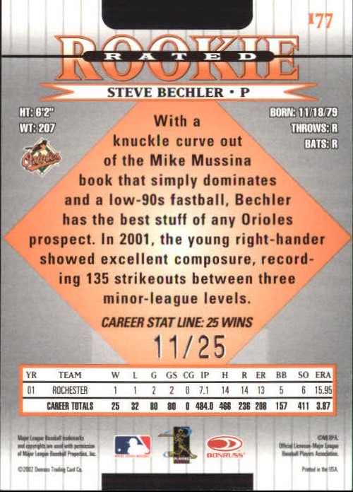2002 Donruss Stat Line Career #177 Steve Bechler RR/25 back image