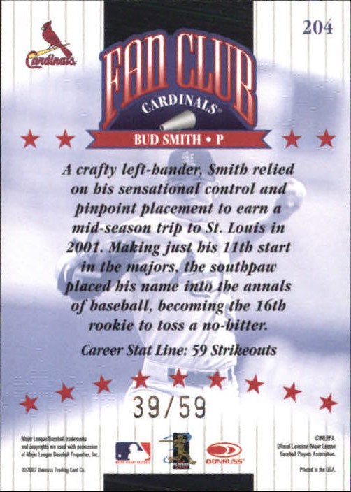 2002 Donruss Stat Line Career #204 Bud Smith FC/59 back image
