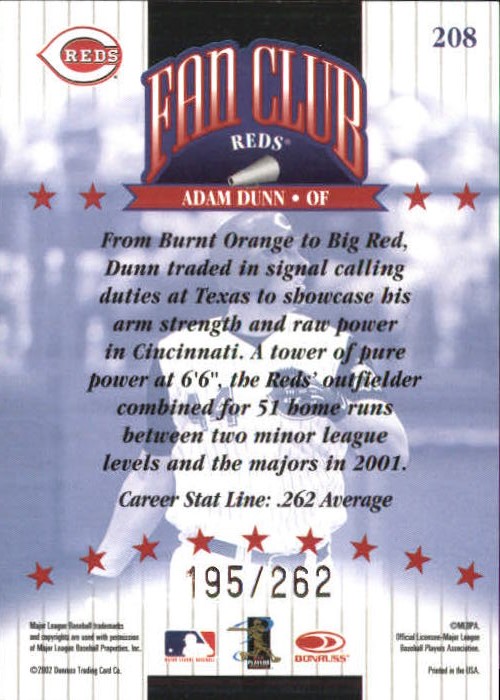 2002 Donruss Stat Line Career #208 Adam Dunn FC/262 back image