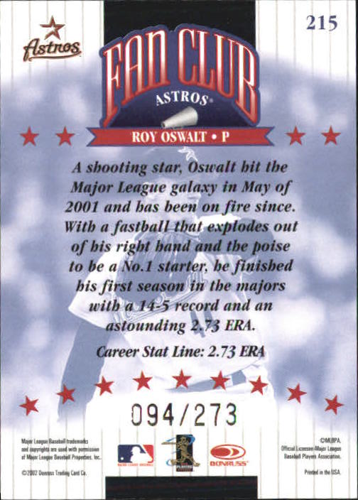2002 Donruss Stat Line Career #215 Roy Oswalt FC/273 back image