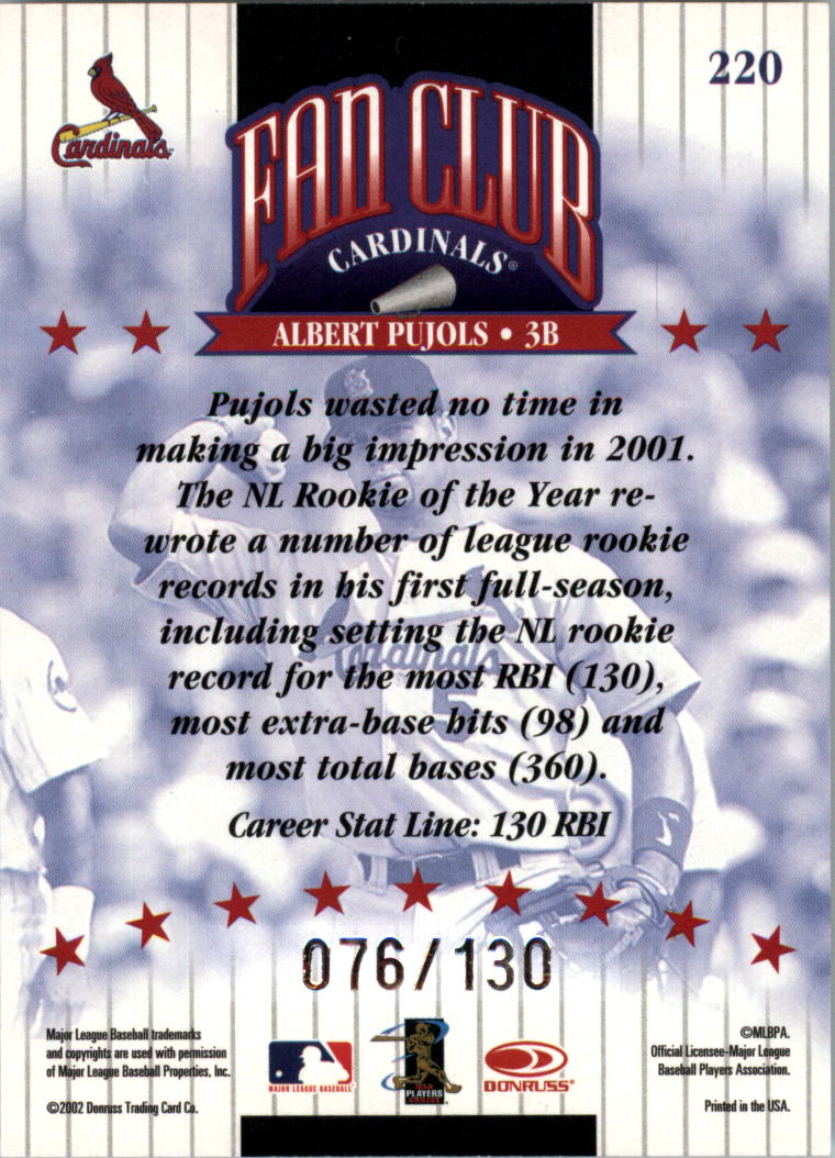2002 Donruss Stat Line Career #220 Albert Pujols FC/130 back image