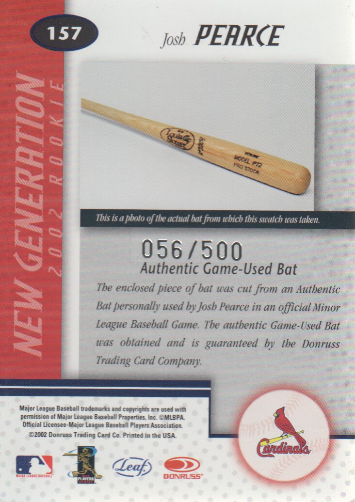 2002 Leaf Certified #157 Josh Pearce NG Bat back image