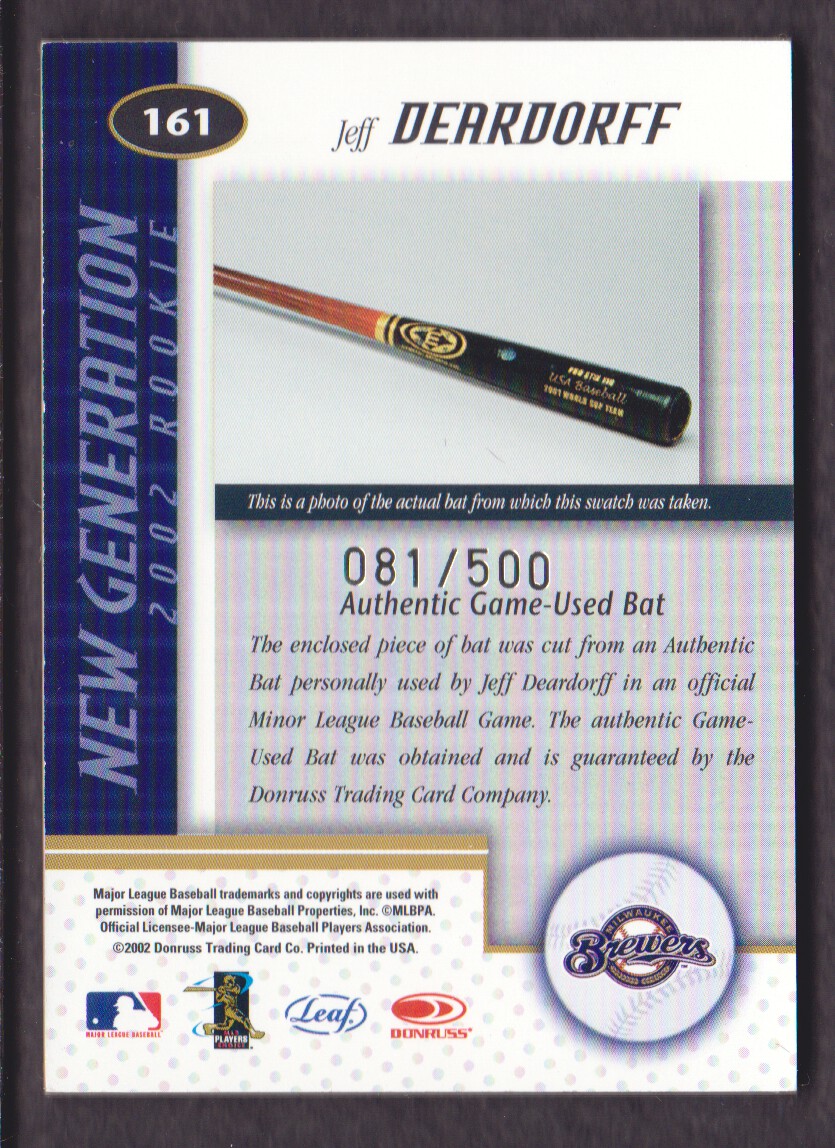 2002 Leaf Certified #161 Jeff Deardorff NG Bat back image
