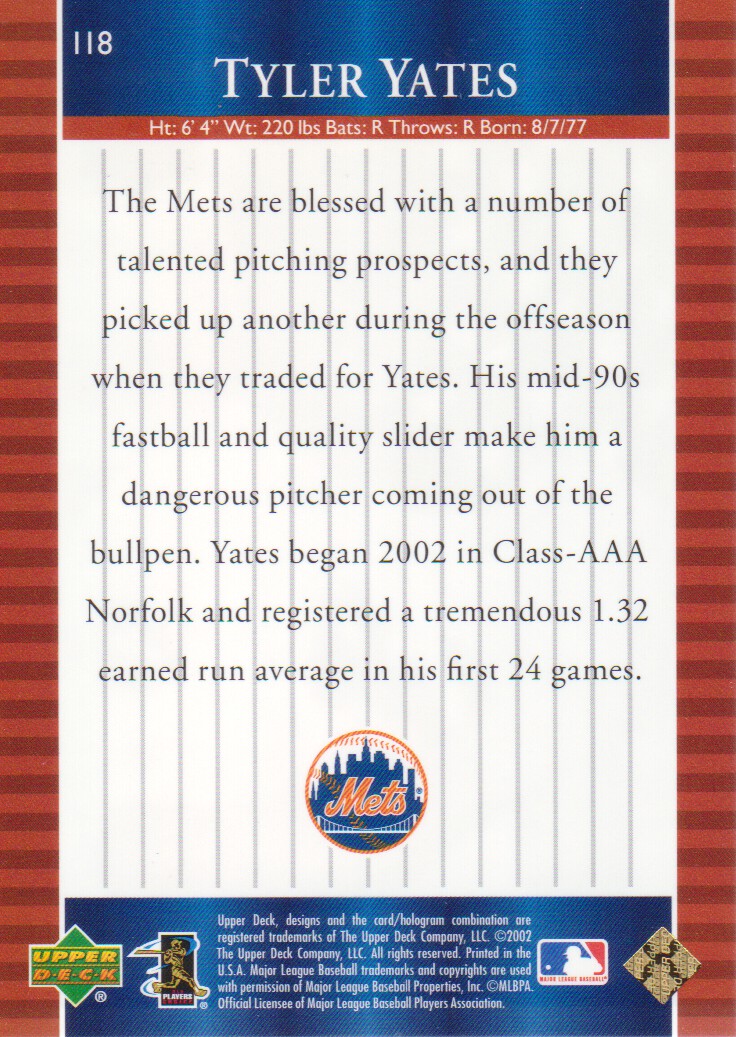2002 Upper Deck World Series Heroes #118 Tyler Yates PH RC back image