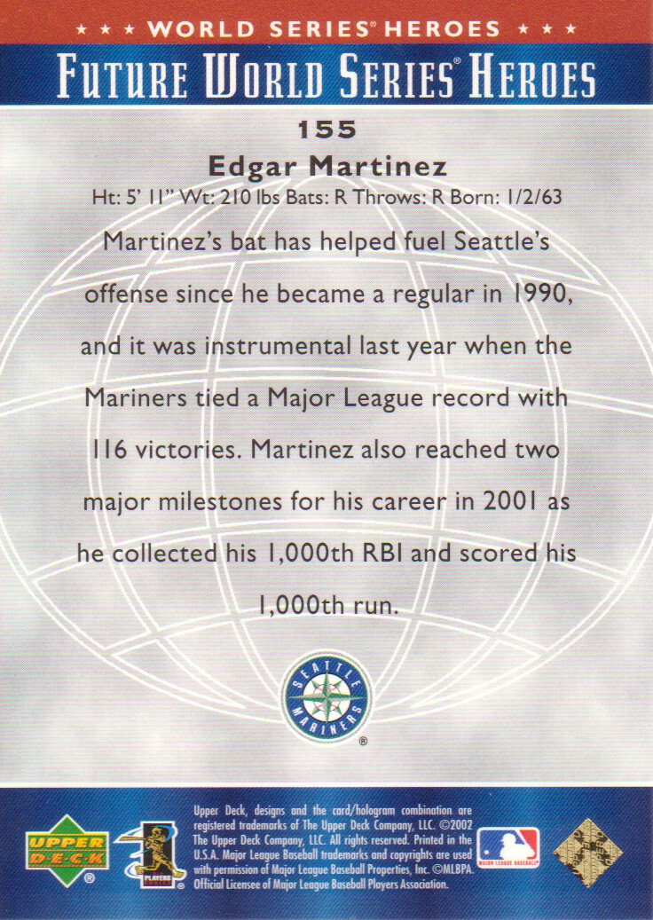 2002 Upper Deck World Series Heroes #155 Edgar Martinez FWS back image
