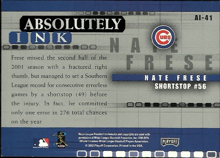 2002 Absolute Memorabilia Absolutely Ink #AI41 Nate Frese back image