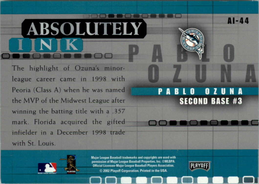 2002 Absolute Memorabilia Absolutely Ink #AI44 Pablo Ozuna back image