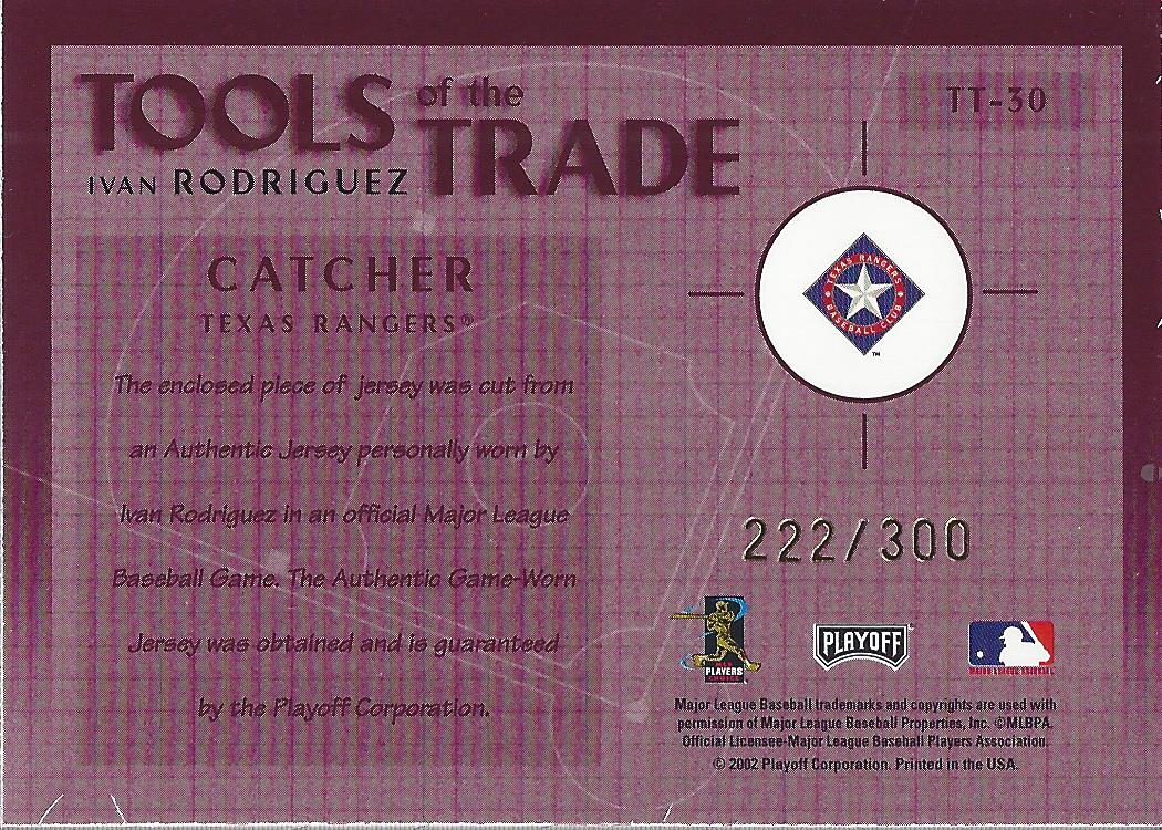 2002 Absolute Memorabilia Tools of the Trade Materials #TT30 Ivan Rodriguez Jsy back image
