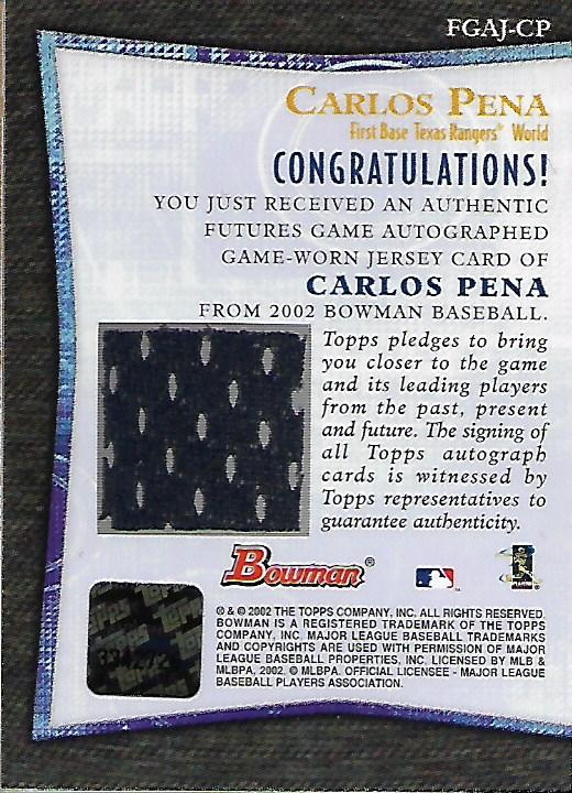 2002 Bowman Futures Game Autograph Relics #CP Carlos Pena Jsy D back image