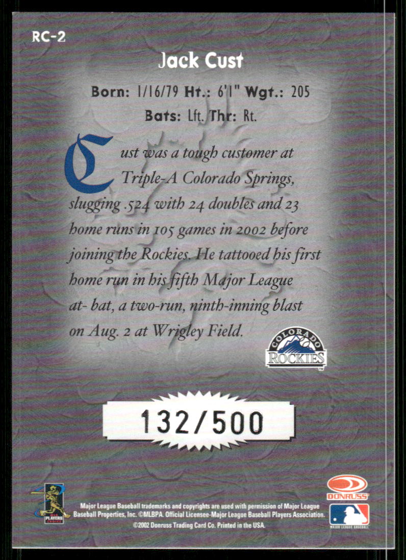 2002 Donruss Rookies Crusade Autographs #RC2 Jack Cust/500 back image