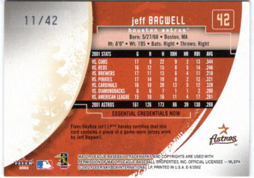 2002 E-X Essential Credentials Now #42 Jeff Bagwell Jsy/42 back image
