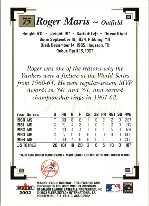 2002 Fleer Fall Classics #75A Roger Maris Yankees back image