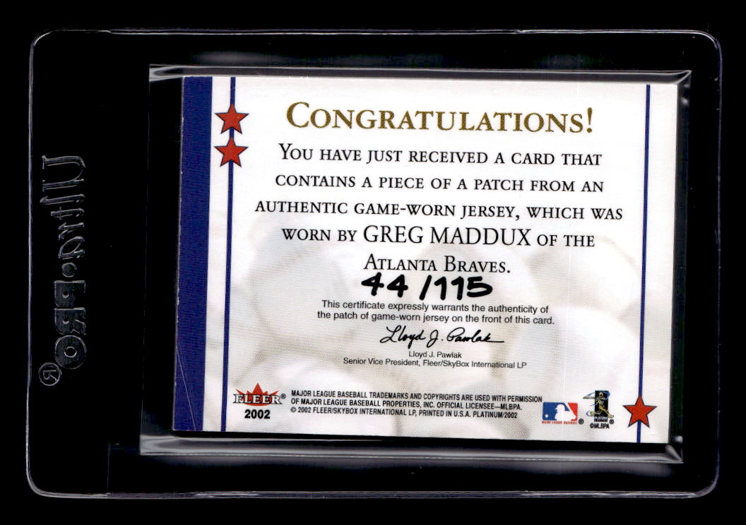 2002 Fleer Platinum National Patch Time #11 Greg Maddux/775 back image