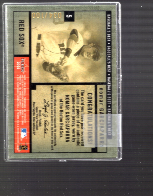 2002 Fleer Showcase Baseball's Best Memorabilia Gold #7 Nomar Garciaparra Jsy back image