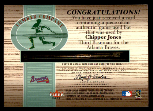 2002 Fleer Tradition Lumber Company Game Bat #14 Chipper Jones back image