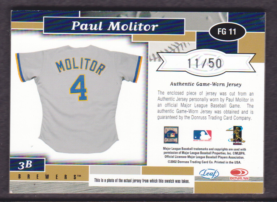 2002 Leaf Certified Fabric of the Game #11PS Paul Molitor/50 back image