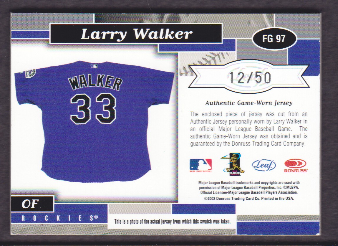 2002 Leaf Certified Fabric of the Game #97PS Larry Walker/50 back image