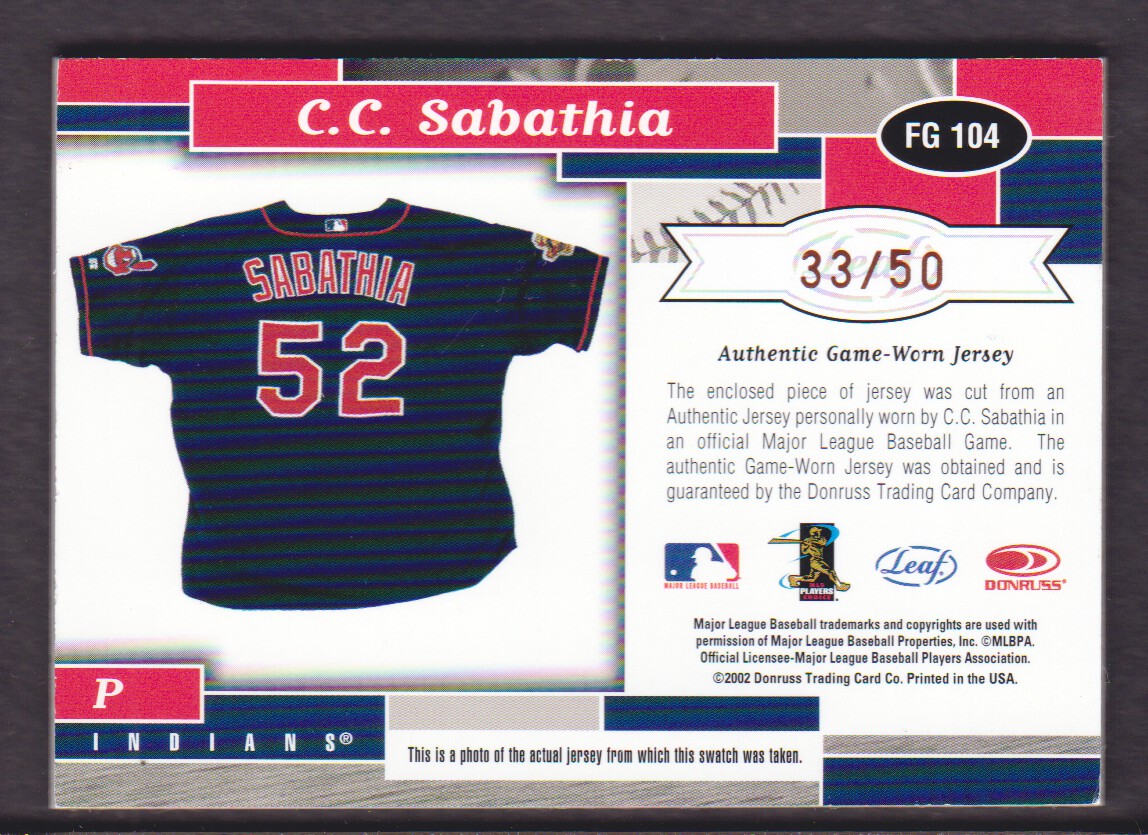 2002 Leaf Certified Fabric of the Game #104BA C.C. Sabathia/50 back image