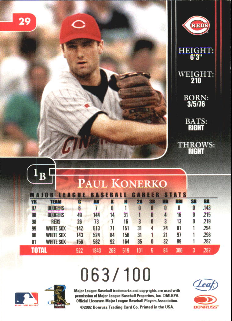 2002 Leaf Rookies and Stars Longevity #29B Paul Konerko Reds SP back image