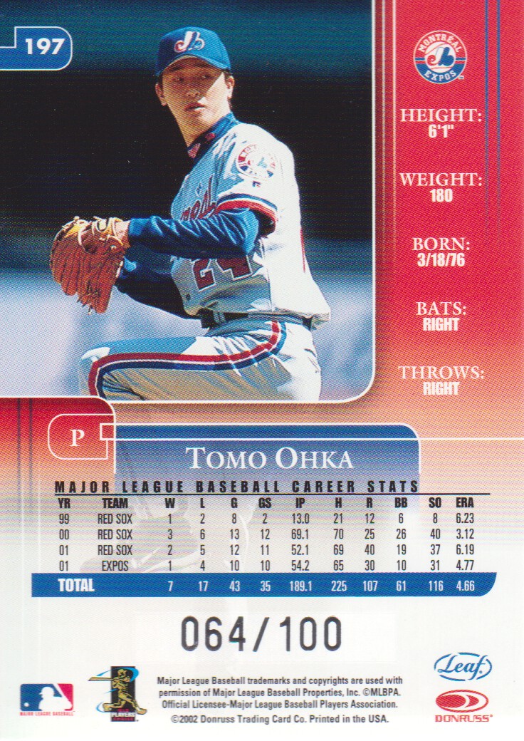 2002 Leaf Rookies and Stars Longevity #197 Tomo Ohka back image