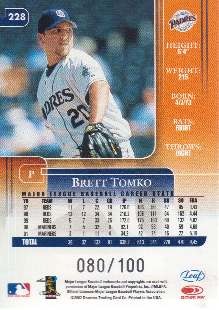 2002 Leaf Rookies and Stars Longevity #228 Brett Tomko back image