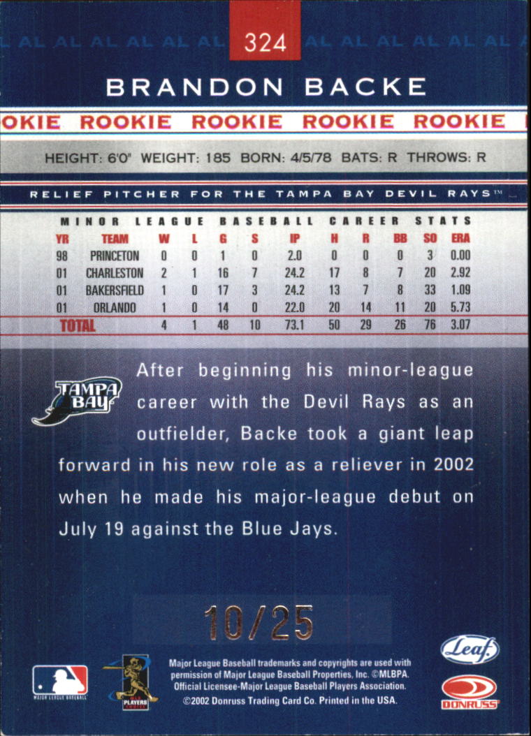 2002 Leaf Rookies and Stars Longevity #324 Brandon Backe RS back image