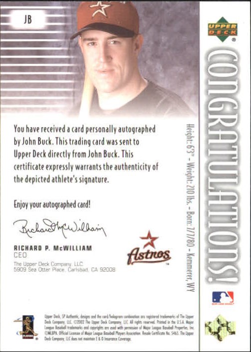 2002 SP Authentic Chirography Gold #JB John Buck/67 back image