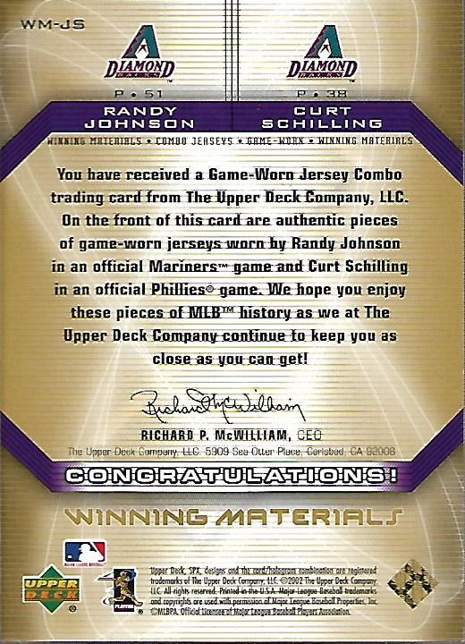2002 SPx Winning Materials 2-Player Jersey Combos #WMJS Randy Johnson/Curt Schilling back image