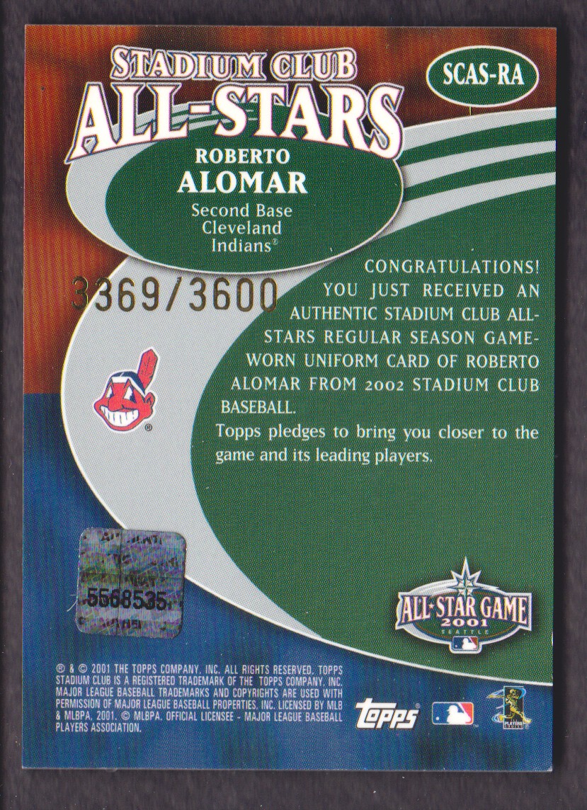 2002 Stadium Club All-Star Relics #SCASRA Roberto Alomar Uni G5 back image