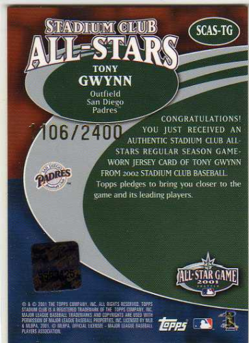 2002 Stadium Club All-Star Relics #SCASTG Tony Gwynn Jsy G4 back image