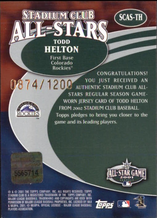 2002 Stadium Club All-Star Relics #SCASTH Todd Helton Jsy G3 back image