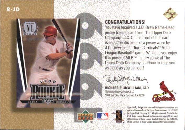 2002 UD Authentics Reverse Negative Jerseys Gold #RJD J.D. Drew back image