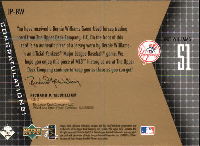 2002 Ultimate Collection Game Jersey Tier 3 #BW Bernie Williams back image