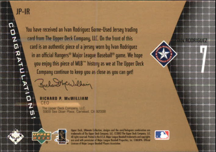 2002 Ultimate Collection Game Jersey Tier 3 #IR Ivan Rodriguez back image