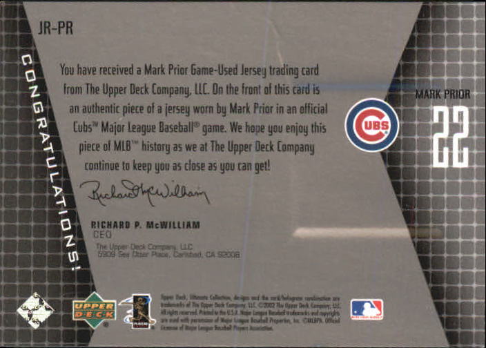 2002 Ultimate Collection Game Jersey Tier 4 #PR Mark Prior back image