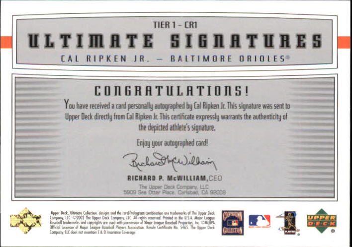 2002 Ultimate Collection Signatures Tier 1 #CR1 Cal Ripken/75