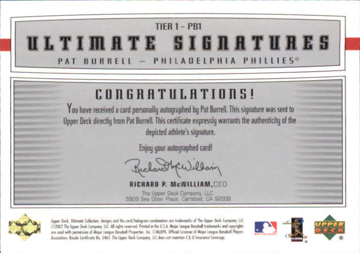 2002 Ultimate Collection Signatures Tier 1 #PB1 Pat Burrell/95