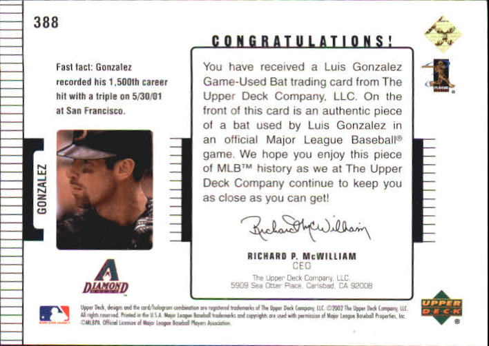 2002 Upper Deck Diamond Connection #388 Luis Gonzalez DC Bat back image